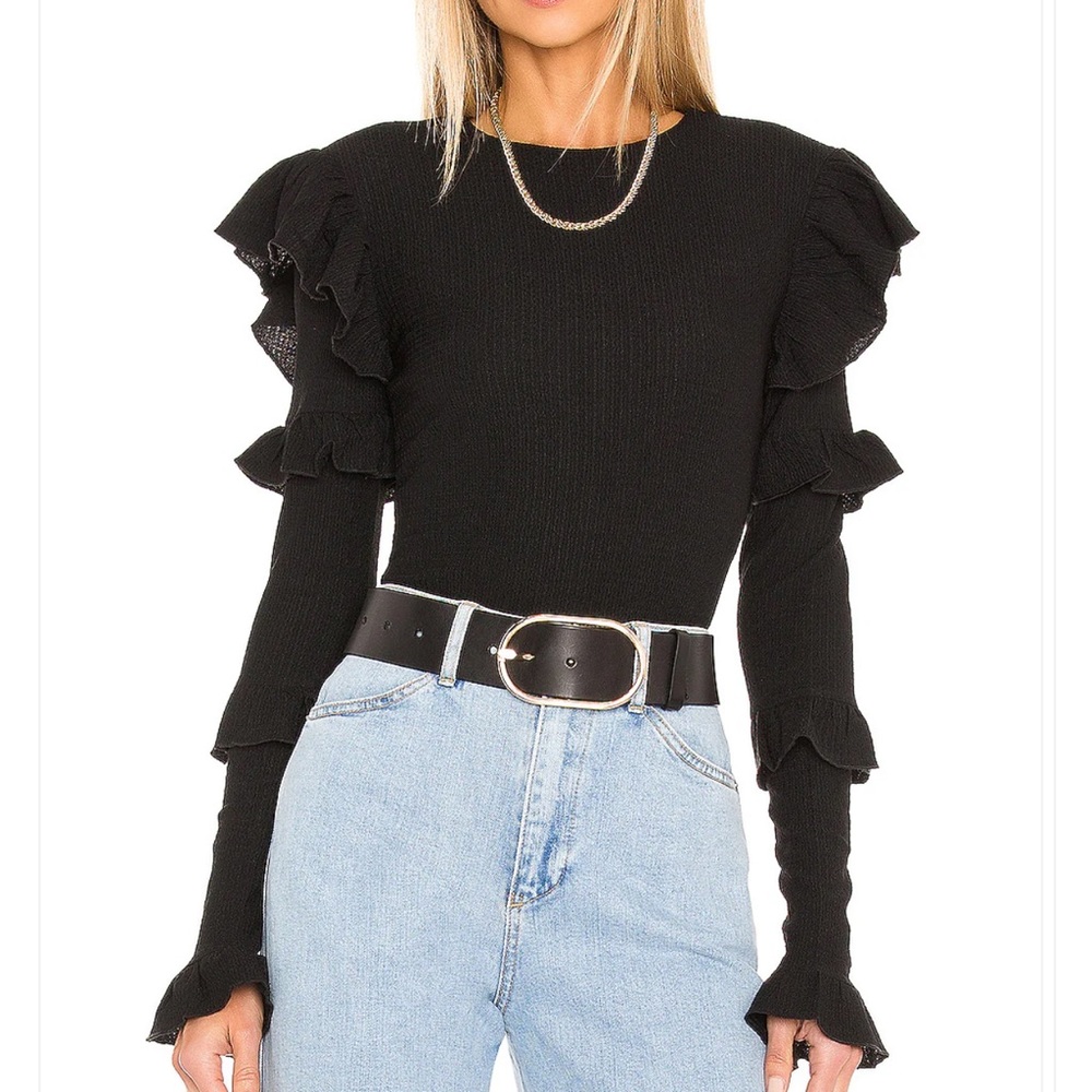 TULAROSA black ruffle long sleeve bodysuit